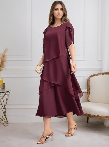 Tea Length Mother of The Bride Dresses for Women Chiffon Short Sleeve Wedding Guest Dress MM0013