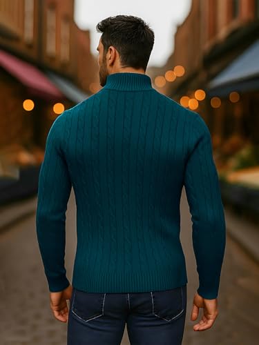 Image of TYSORT Men High Neck Zipper Full Sleeve Cable Knitted Winter Sweater,Cable Knit Sweater for Men