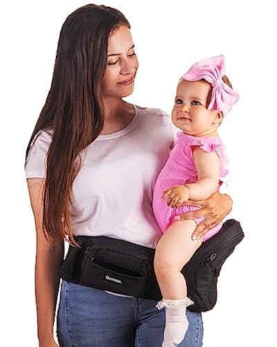 Image of FLEEROSE - Baby Hip Carrier - New Ergonomic Bench Design, Multiple Pockets & Lumbar Support & Breathable Materials for Newborns & Toddlers, All Seasons & 4 Positions (Black)