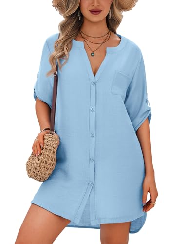 Image of Ekouaer Bathing Suit Cover Up for Women V Neck Button Down Swimsuit Coverup Beach Dress Shirt S-3XL