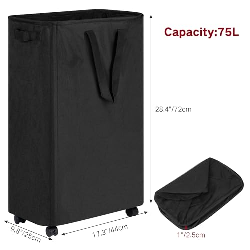 efluky Slim Rolling Laundry Basket for Clothes, Bedroom & Dorm (Black, 75L)