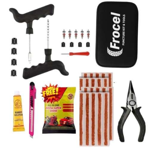 Image of Tubeless Tire Puncher Kit Emergency Flat Tire Repair Patch Puncture Kit for Car, Bike, SUV, & Motorcycle with Storage Bag, Plier and 5 Pcs Tyre Valve Stem Core & Tool (with 30 Strip)