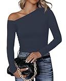 BONITEE Women Asymmetrical One Shoulder Tops Sexy Slim Fit Shirts Casual Boat Neck Long Sleeve Going Out Blouse Navy Blue M