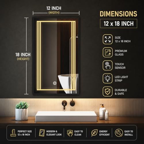 Image of LED Bathroom Wall Mirror with 3 Decorative Lights | Touch Sensor | Warm | Natural and Cool White | for Wash Basin | Bedroom | Dressing Area (Portrait, 12x18)