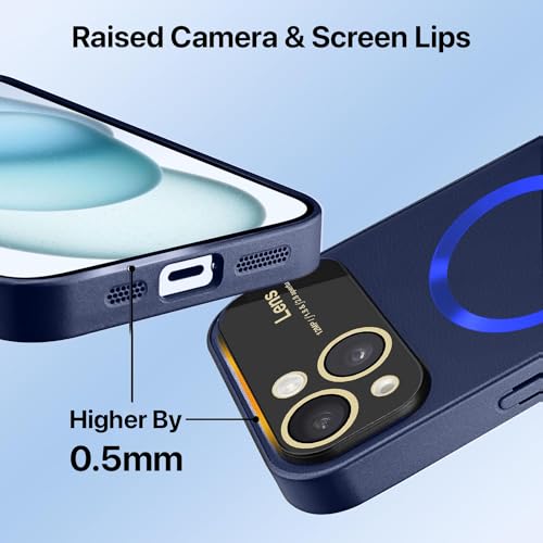 Image of Vaku Luxos Premium Polarized Leather Back Cover for iPhone 15 Plus Texture Full Lens Protection Silicon Case Scratch Resistant Slim Thin Compatible with Mag-Safe - Blue