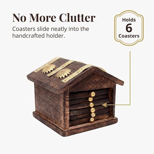 Image of Oaklyn Handmade Wooden Hut Style Coaster Set with Holder for Tea & Coffee | Hot & Cold Drink Coasters for Dining Table & Home Decor
