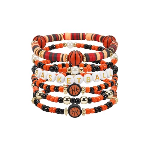 Lot de 6 Bracelets Basketball Bracelet Sport Elastique DIY Perles Cadeau Anniversaire, Bracelet Amitié École Fête Fournitures, Accessoire Joueur de Basket pour, Bijoux Thème Basketball Garçon et Fille