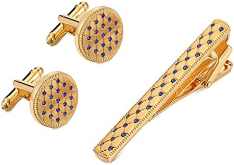 Gold Tie Clips for Men and Cufflinks for Men with Shinning Stone, The Unique Tie Clips and Cufflinks with Gift Box are Suitable for Wedding, Father of Bride and Groom/Groomsman. (Blue Crystal+Gold)