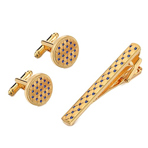 Gold Tie Clips For Men And Cufflinks For Men With Shinning Stone, The Unique Tie Clips And Cufflinks With Gift Box Are Suitable For Wedding, Father Of Bride And Groom/Groomsman. (Blue Crystal+Gold) #TOP1