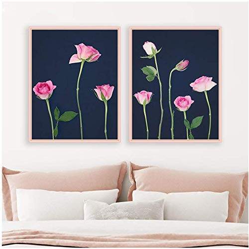 Toile rose et marine decoration murale florale de pépiniere 50x70cm