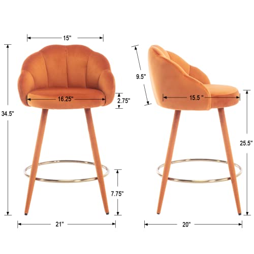 Butacos de Barra Modernos en Terciopelo, Set de 2, Altura de Barra (25.5 pulgadas), Espalda en Forma de Pétalo y Reposapiés de Anillo Dorado, Sillas Tapizadas Cómodas para Bar en Casa, Isla de Cocina o Restaurante, Color Naranja miniatura 2