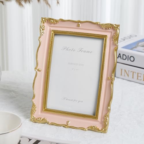 4x6 Vintage Picture Frame Pink and Gold Photo Frame, 4 by 6 Picture Frames Ornate Textured Hand-Crafted Resin with Glass Front for Tabletop Display, Retro Design Home Decor