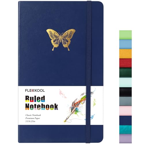 FLEEKOOL Classic Lined Journal Notebook, Hardcover Leather Journals for Women Men School Office - 100 GSM Thick Paper, 12.7 x 21 cm - Navy Blue