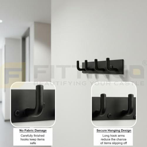 Image of Stainless Steel 4 Hook Cloth Hanger for Door /Dress Hanger Wall Mount /Bathroom Hooks for Hanging Clothes (Black) Pack of 1-| 3 Years Warranty |