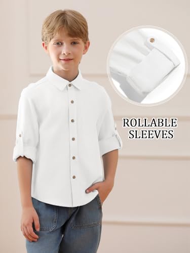Haloumoning Boys Linen Button Down Dress Shirt Kids Long Sleeve Shirts Tops with Chest Pocket 5-14 Years4