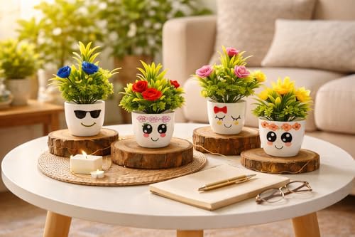 Image of Pack of 4 Mini Artificial Potted Plant with Muti Flower for Home Decor Indoor Outdoor Fake Plant Cute Plant for Kids Room Living Room Desktop Decor Small Faux Plant for Office Decoration