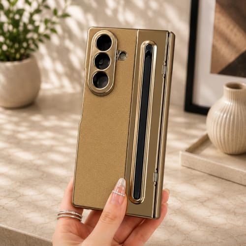 Image of amazon basics Premium Genuine Leather Case for Samsung Galaxy Z Fold 8 Ultra - Slim Fit Luxury Business Cover with Built-in S Pen Slot & Magnetic Hinge Protection - Midnight Gold