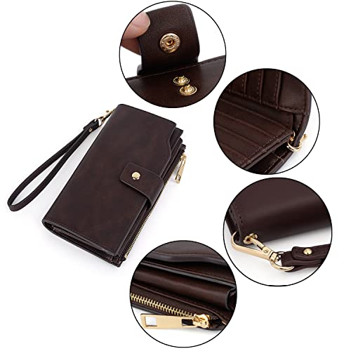 Image of UTO Women's RFID Blocking Large Capacity Vegan Leather Clutch Wallet 21 Card Slots Holder Organizer Ladies Veganrse with Wristlet A Coffee
