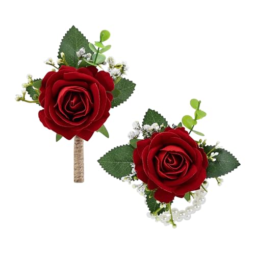 WGBBDG 2Pcs Red Rose Corsage and Men Boutonniere Set Wrist Band Bracelets for Wedding Bride Bridesmaid Groom Groomsmen Flower Accessories Prom Party Man Suit Decor