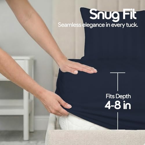 Image of LINENWALAS Cotton 300 TC Fitted Bed Sheet for Single Bed | Signature 2 CM Sateen Stripe Design|All-Around Elastic for 4-8 Inch Mattresses | Luxury Hotel-Style Bedding (36 x 78, Navy Blue)