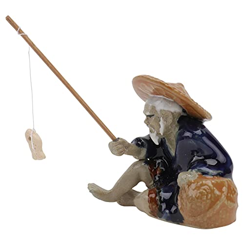 DOITOOL Mini Fisherman Figurine, Miniature Ceramic Fisherman Bonsai Figurine, Chinese Sitting Fishing Garden Statue Ornament for Micro Landscape Fairy Garden Fish Tank Zen Sand Decoration