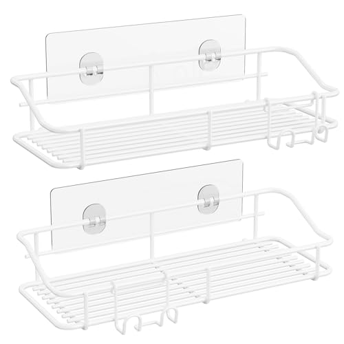 Image of Nieifi Shower Caddy Shelf with Hooks Storage Rack Organizer Adhesive Stainless Steel Without Drilling for Bathroom, Lavatory, Washroom, Restroom, Shower, Toilet, Kitchen - 2 Pack (White)
