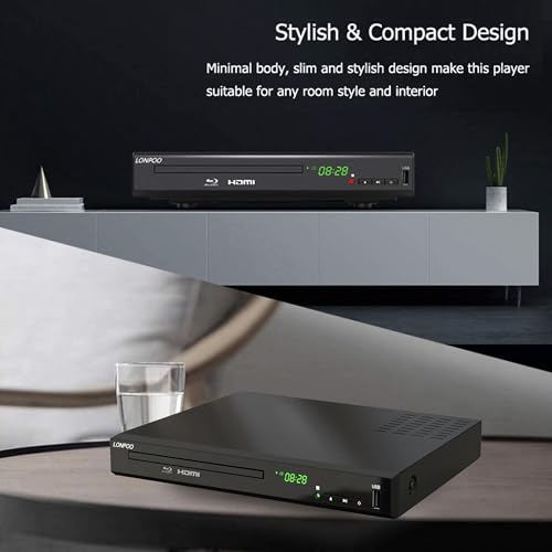 Blu-ray Player für Fernseher, 1080P HD Bluray DVD Player mit HDMI, AV, Koaxialausgang, USB-Eingang, alle Region DVDs und Region B/2 Blu-ray Disc Player, Metallgehäuse