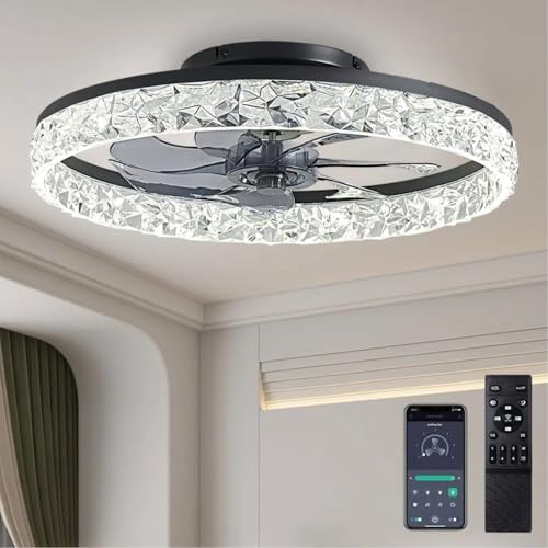 RLMIEL 50CM Ceiling Fans with Lights and Remote, 6 Speeds and 3000K-6500K Dimmable Quiet Ceiling Fan Light, Smart Modern LED Fan Lights Ceiling for Bedroom Living Room Dining Room (Black)