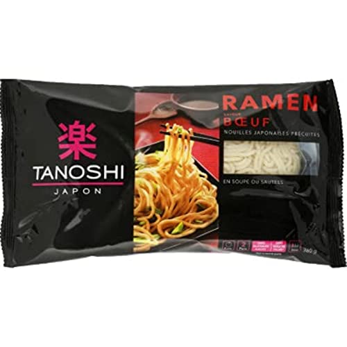 Tanoshi Ramen de ternera, fideos japoneses precocidos, sopa o saltees, bolsa de 360 g