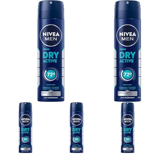 NIVEA MEN Dry Active Deo Spray, Deodorant mit 72h Anti-Transpirant-Schutz für ein trockenes Hautgefühl, antibakterielles Deospray ohne Ethylalkohol (150 ml) (Packung mit 5)