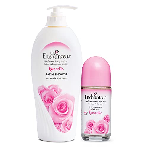 Image of Enchanteur Romantic Perfumed Body Lotion, 500ml, with Aloe Vera & Olive Butter for Silky Smooth Skin & Enchanteur Romantic Roll-On Deodorant for Women, 50ml with Roses & Jasmine Extracts