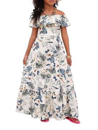 Image of BEAUDRM Girl's Summer Outfits Tropical Summer Dress Hawaiian Off Shoulder Tops and Ruffle Skirt Set Vacation Beach Clothes