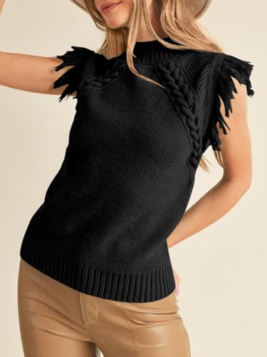 Image of Womens Summer Sleeveless Sweater Vest 2025 Mock Neck Cable Knit Fringe Cap Sleeve Boho Trendy Pullover Tank Tops