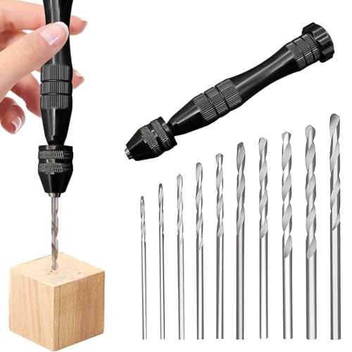 Hand Drill Bit Set, Black Mini Pin Vise with 10 PCS Steel Drill Bits 0.8-3mm Hand Drill Precision Pin Vise for Crafts Drilling Holes in Resin Epoxy Clay Wood, Jewellery Making, Model Making