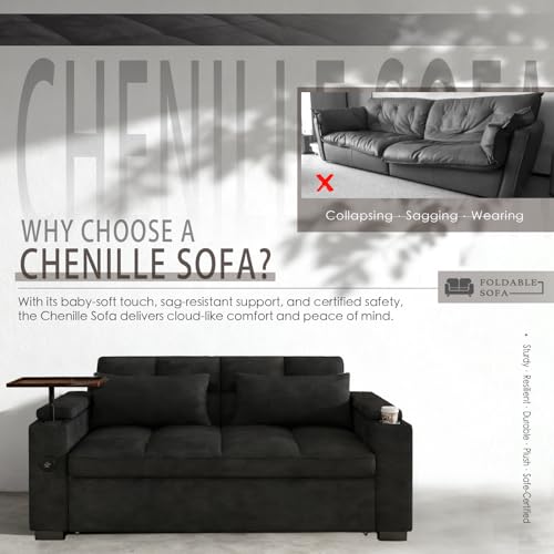 Image of Dreamzie 65'' 3 in 1 Convertible Sleeper Sofa Bed, Chenille Pull Out Couch for Living Room with 90 Swivel Side Table, Loveseat Sleeper with Charging Port | Side Pocket | Cup Holders, Black