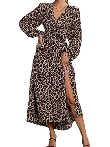 LUVCES Vestidos de Fiesta Mujer Elegantes Plisado De Color Sólido Cuello En V Vestido Largo Manga Larga Aberturas Vestidos Maxi De Ceremonia Estampado de Leopardo XL