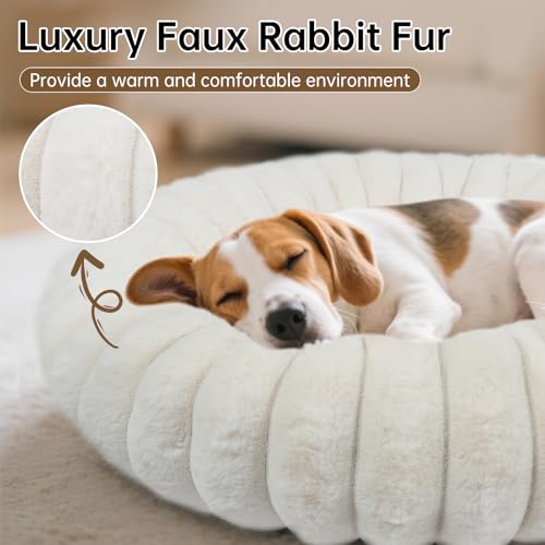 Donut Dog and Cat Bed, Luxurious Comfortable Faux Rabbit Fur Pet Beds, Round Anti-Anxiety Calming Puppy Kitten Bed with Anti-Slip Bottom for Small Medium Dogs & Cats(20", White) - Image 4