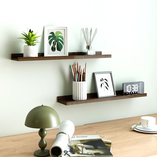 Image of Walnut Floating Shelves for Wall Decor, 24 in Shelf with Lip, 2 Set | 4.5 inch Deep Display Picture Ledge Shelf, Long Wall Mounted Storage Shelves for Bedroom, Bathroom, Living Room, Kitchen, Nursery