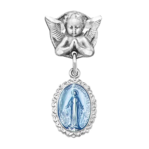 Image of Rosemarie's Religious Gifts Petite Angel Pin with Sterling Silver Enameled Oval Miraculous Medal of Mary