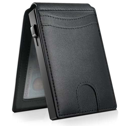 Wallet for Men, Slim Wallet with Pop Up Card Holder, RFID Blocking Bifold Leather Minimalist Wallet, Front Pocket Wallets for Men with ID Window