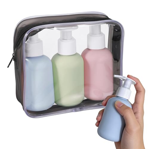 GIUSOBG 3 Pièces 100ml Flacon Voyage, Kit Voyage Toilette Réutilisable, Flacon Vide Pompe, Flacon de Voyage Pas Facile à Fuir pour Shampoing Gel Douche...