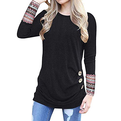 Camisas de Mujer,Dragon868 Botón de Manga Larga de Las Mujeres Suelta Remiendo túnica Camisas(Negro,L)
