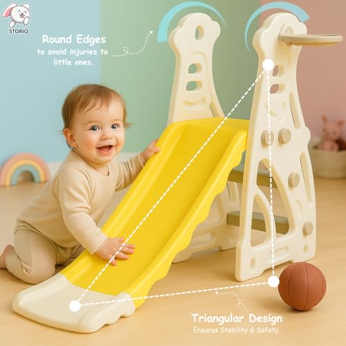 Image of Storio Kids Slide with Basketball Hoop Penguin Theme - Indoor & Outdoor Slide for Kids Ages 2-4 | White & Yellow | Safe, Sturdy & Fun Playset | Easy Assembly Toddler Slide for Boys & Girls