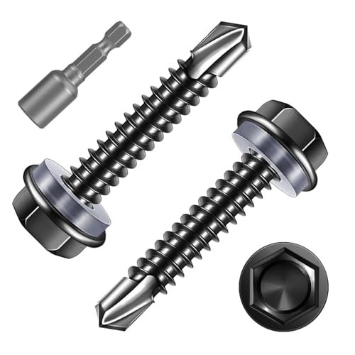 FandWay 60 Pièces Vis Autoforeuse Metal Noir,M4,8x32mm Vis à Tôle Autotaraudese à Tete Hexagonale avec Rondelle et Autoperceuse Autoperforante Inox 410 avec 1 Bits pour Aluminium Bois Plastique.