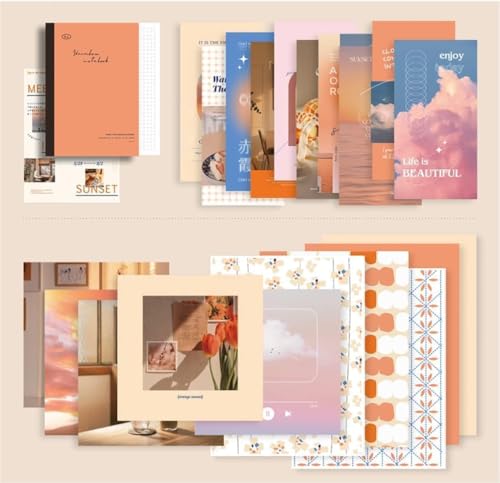 Image of VOTDOT (346Pcs) Paper Junk Journal & Scrapbook Kit, Scrapbooking Supplies Kit with Creative Decor Journaling Supplies, Stationery, Stickers, A6 Grid Notebook with Graph Ruled Page Gift for Girl Sunset