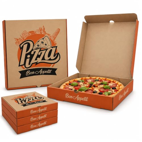 FR Enterprises - 12 inch Printed Cardboard Pizza Boxes - Lightweight Disposable Square Takeaway Pizza Box - Easy to Transport Brown Pizza Style Postal Boxes with Rear Vent Hole - 20 Pieces