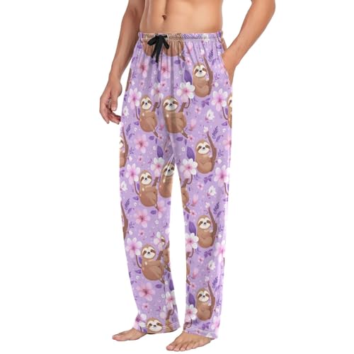 Men's Pajama Pants Purple Flowers Sloth Pajama Pants for Men PJs Bottoms Drawstring Pockets Sleep Lounge Pants S4