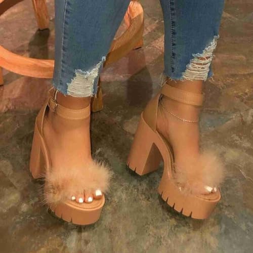 Heels for Women Sexy Womens Open Toe Ankle Strap Chunky Heel Sandals Shoes Fluffy Feather Slip On Ankle Strappy Sandals Ankle Strap Stiletto Pump for Wedding Party Dance Evening2