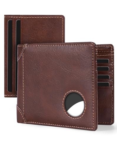 Image of Swallowmall AirTag Wallet Mens RFID Blocking Genuine Leather Bifold Men's Wallet For air tag with 2 ID Window 10 Card Holders Removable Card Slot Taxes Brown(Airtag Not included)