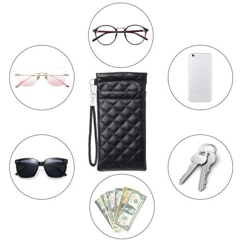 Image of Double Eyeglass Case Squeeze Top Glasses Pouch, Leather Soft Sunglasses Case with Carrying Strap